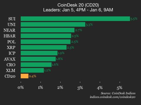 CoinDesk 20 指数表现更新：SUI 上涨 5.5%，指数走高
