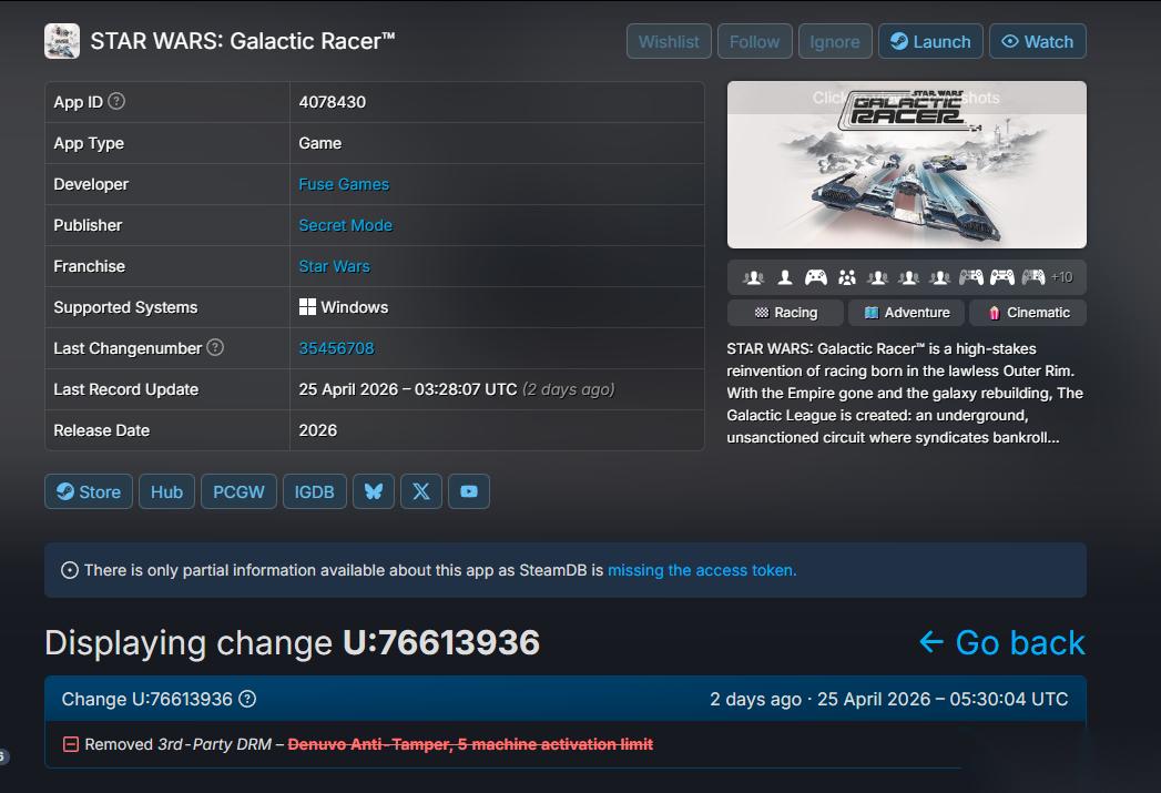 星球大战 银河赛车Steam页面移除Denuvo加密标识，引发行业信任质疑